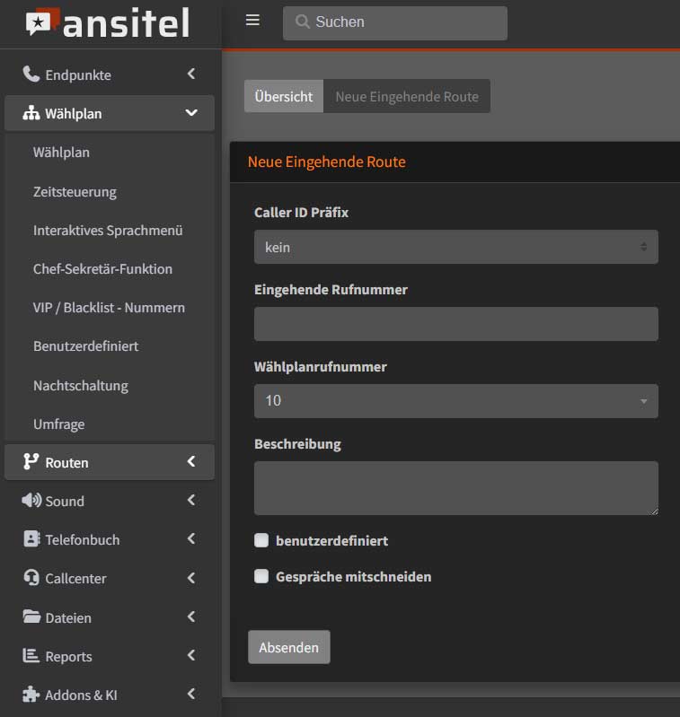 Oberfläche der ansitel Software-Telefonanlage