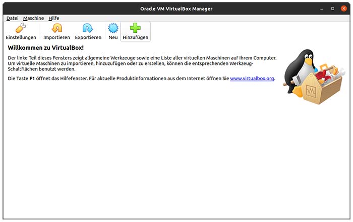 Startbildschirm von VirtualBox