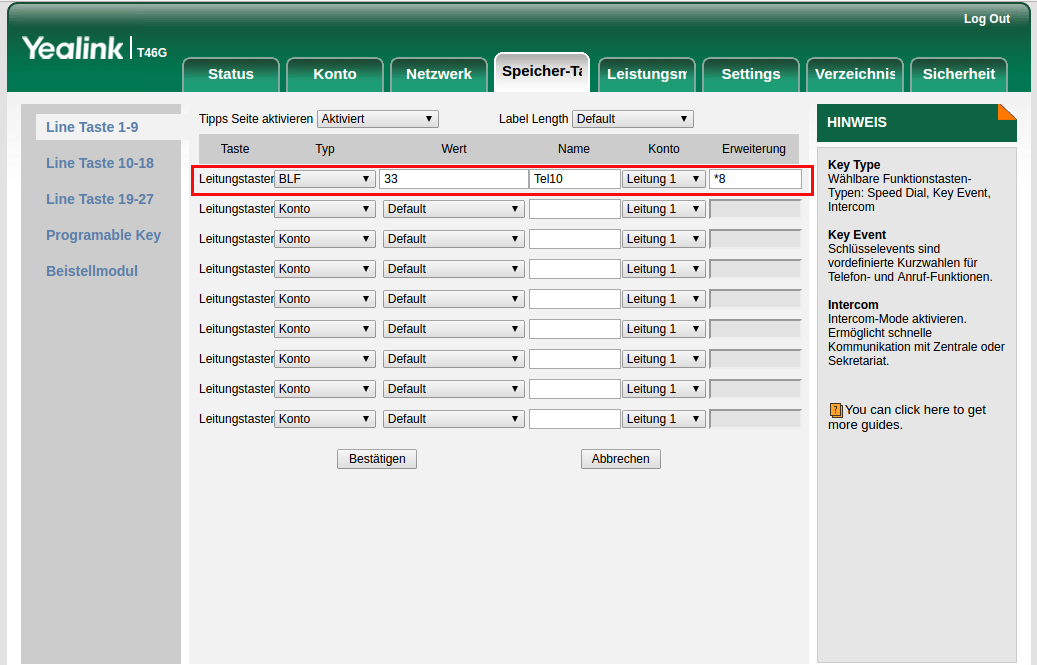 Definition BLF in Yealink Telefonen