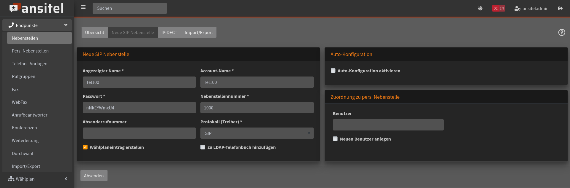 SIP-Registrierungsdaten der Nebenstelle im ansitel webinterface