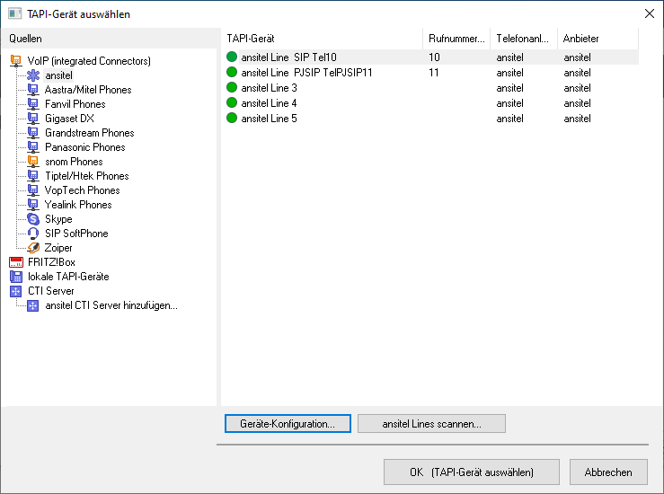 Nebenstellenzuordnung zur TAPI-Line
