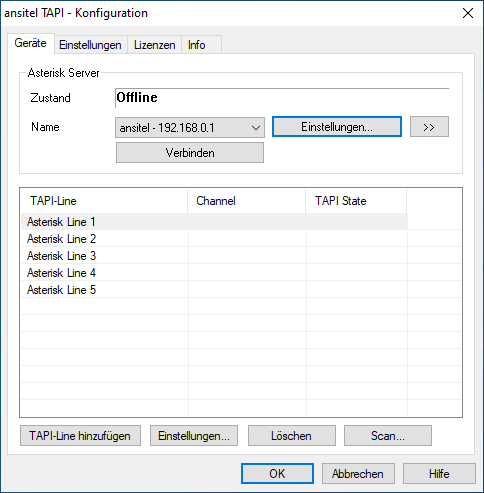 ansitel TAPI Verbindung zur ansitel und Leitungsübersicht