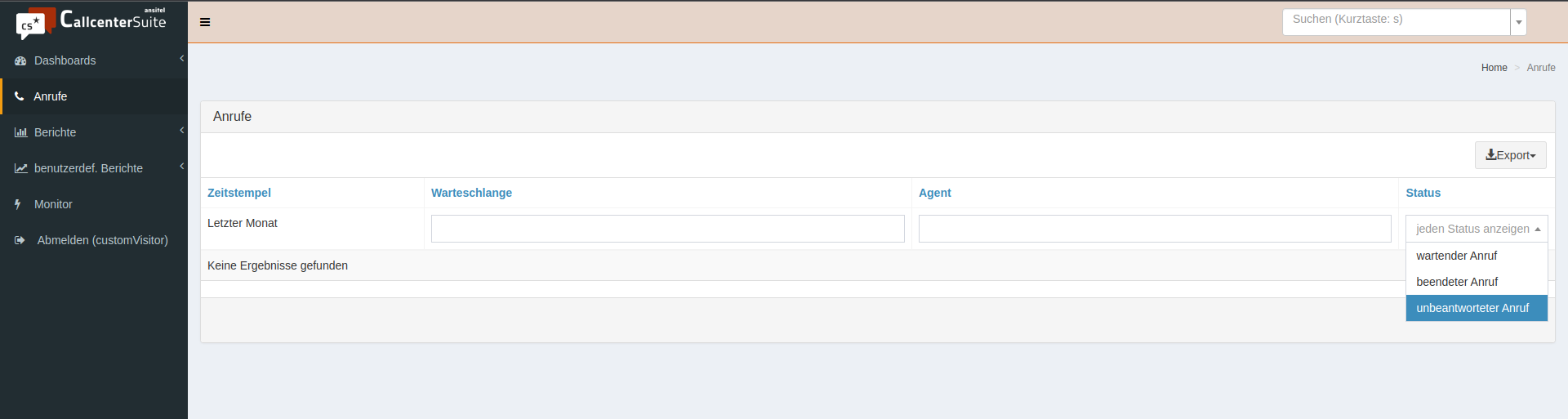 Anrufe: Ansicht in der CallcenterSuite