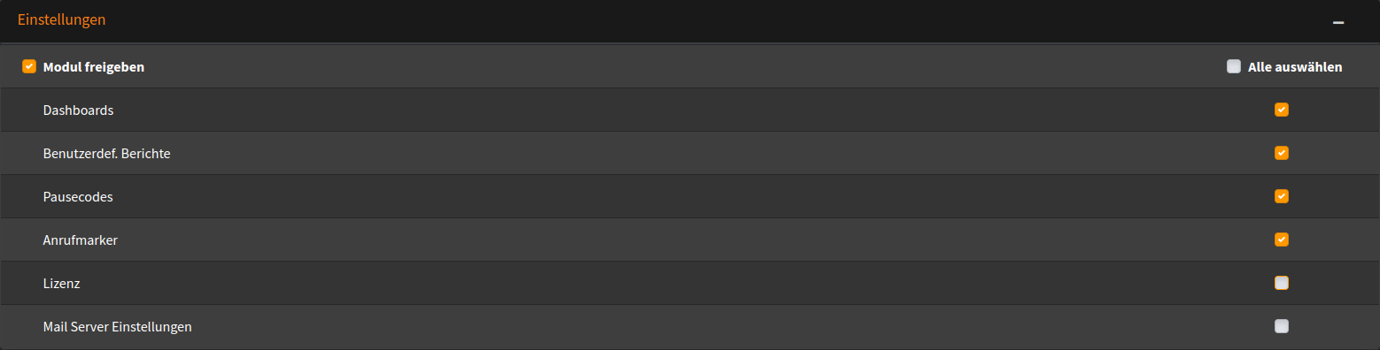 Rechte setzen: CallcenterSuite-Einstellungen