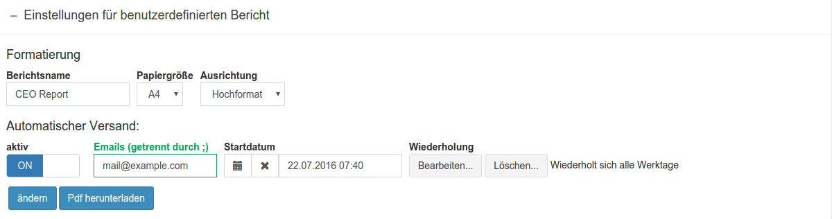 Einstellungen für benutzerdefinierten Bericht