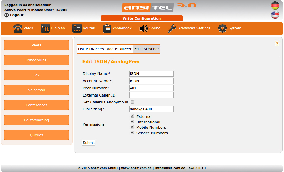 Edit ISDN / analogue peer