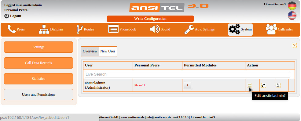 Change password of ansiteladmin